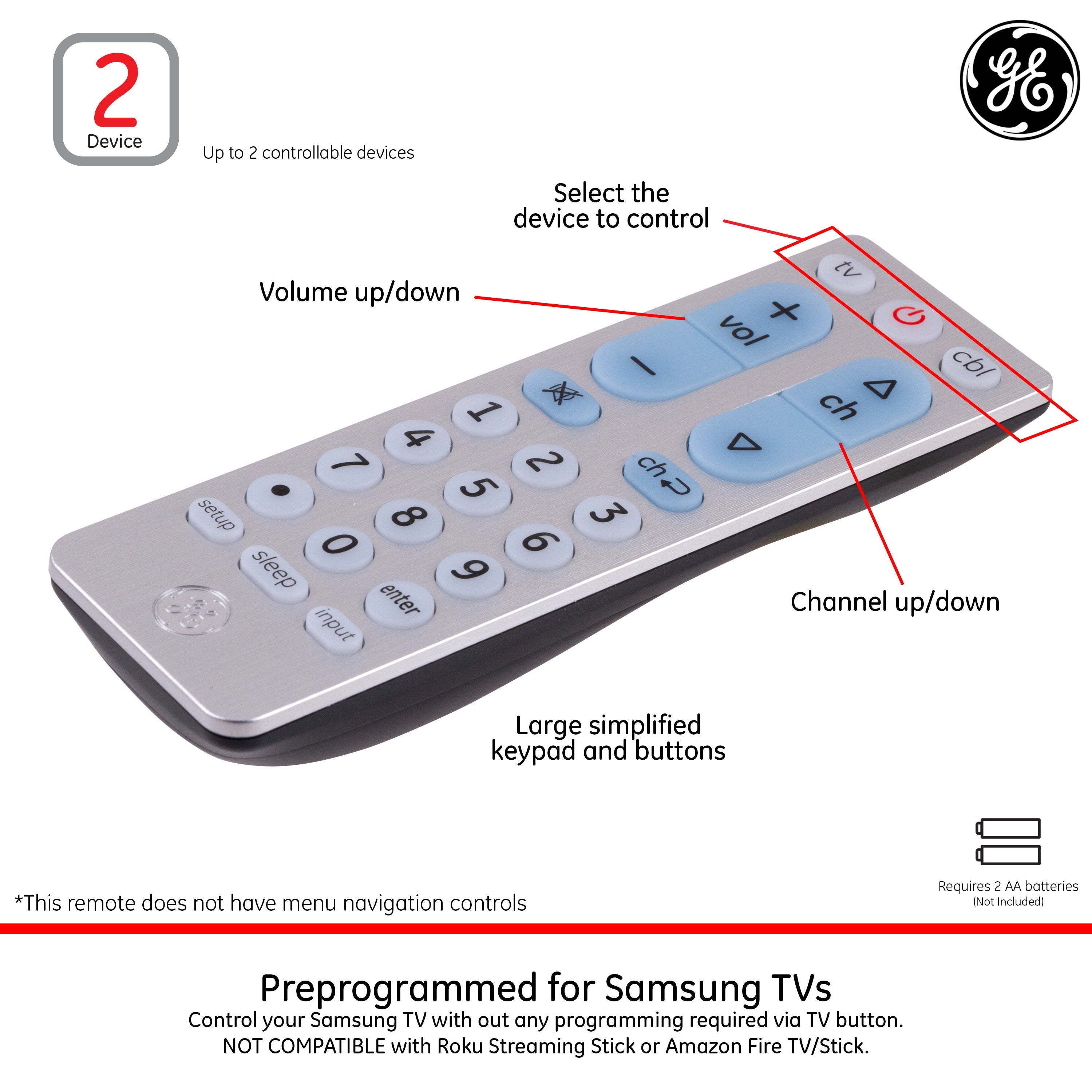 GE 2-Device Universal Remote, Brushed Silver
