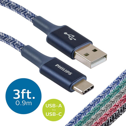 Philips 3ft. USB-A to USB-C Braided Charging Cable, Blue
