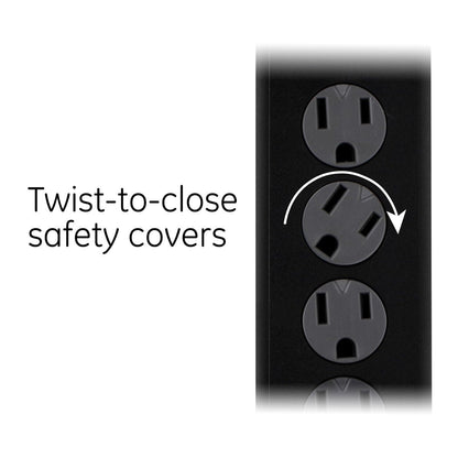 GE 4-Outlet 2-USB 3ft. Surge Protector With Twist-To-Close Safety Covers, Black