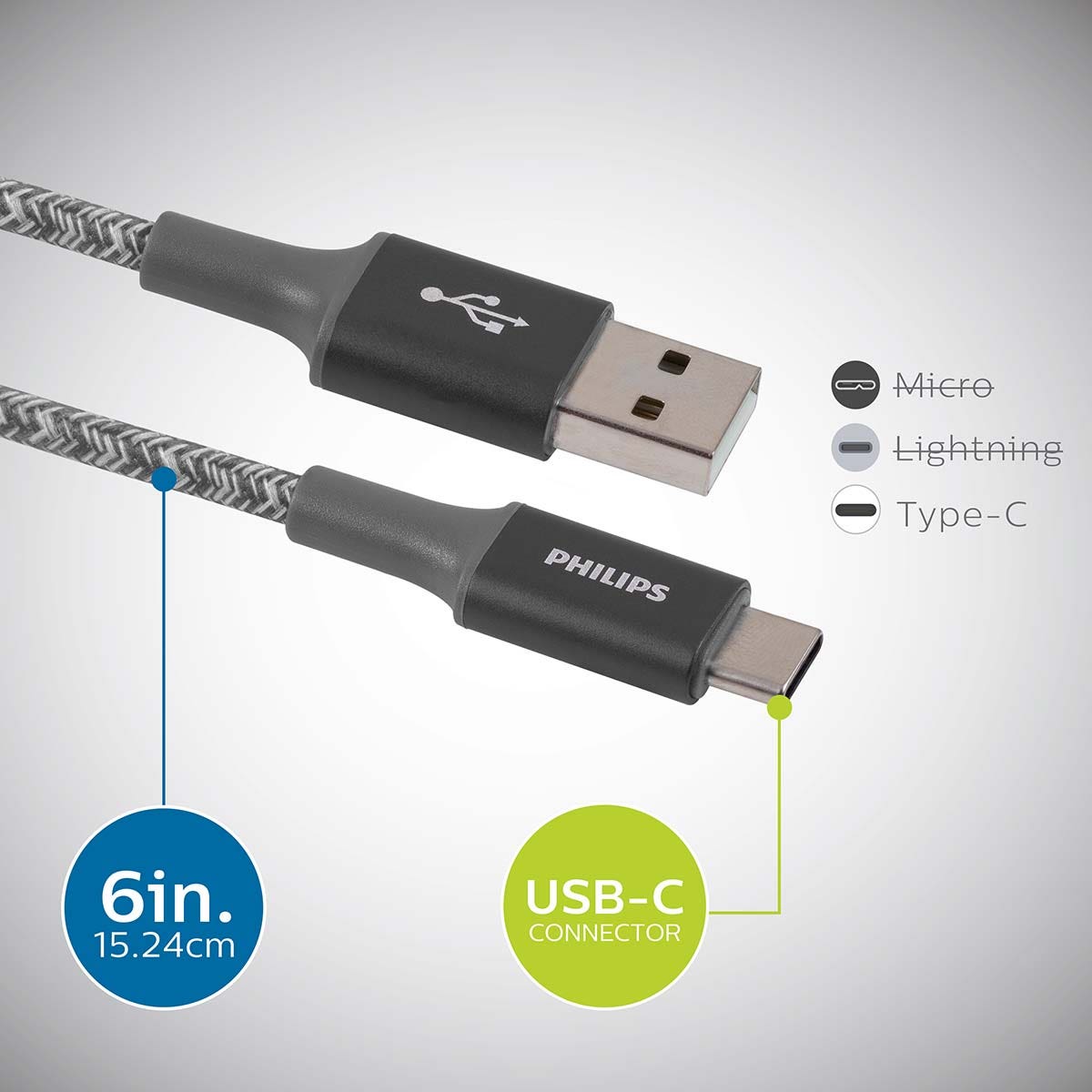 Philips 6in. USB-A to USB-C Braided Charging Cable, Gray