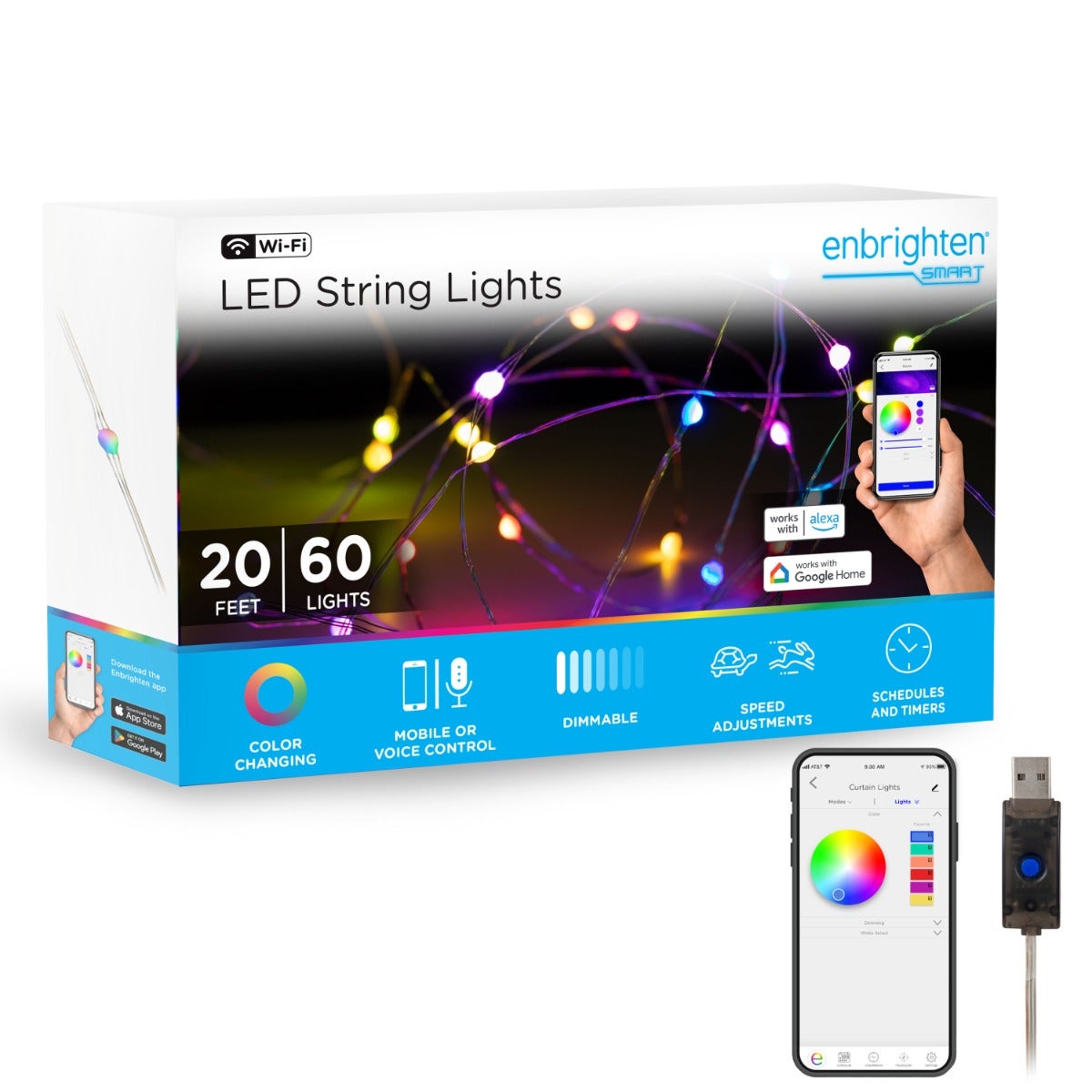 Enbrighten WiFi VIBE Color-Changing LED Fairy String Lights, 60 Lights, 20ft.