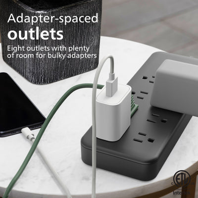Philips 8-Outlet 8ft. Surge Protector with Adapter-Spaced Outlets, Black