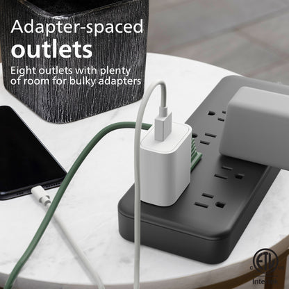 Philips 8-Outlet 8ft. Surge Protector with Adapter-Spaced Outlets, Black