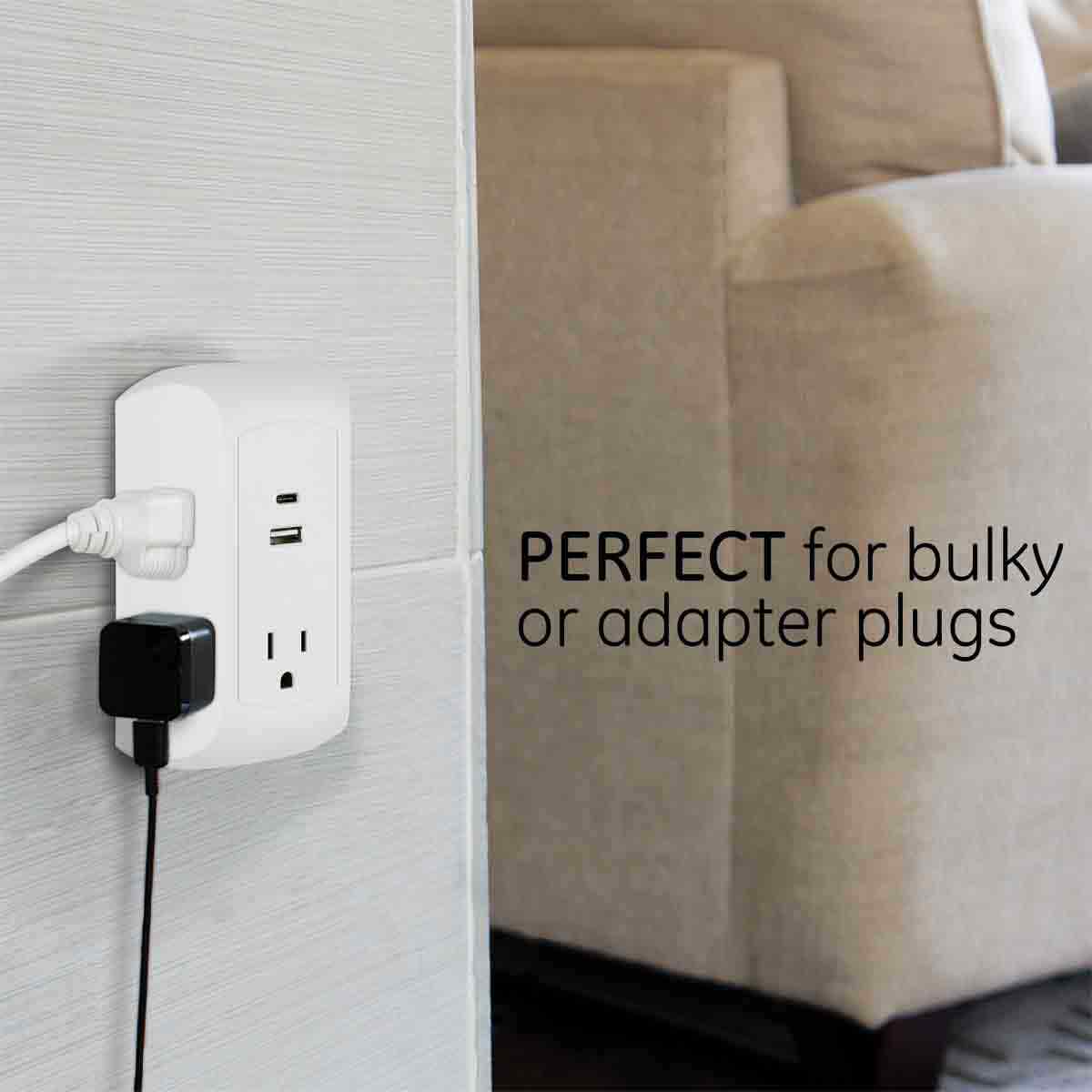 GE 5-Outlet 2-USB Wall Tap with Surge Protection and USB-C, White