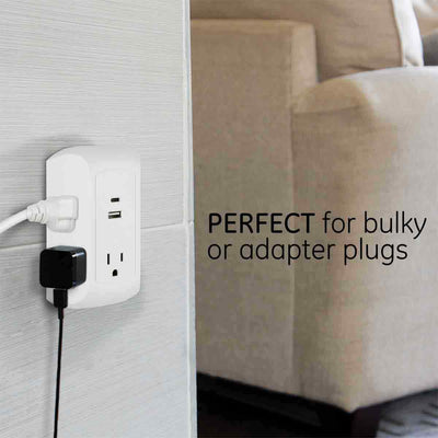 GE 5-Outlet 2-USB Wall Tap with Surge Protection and USB-C, White