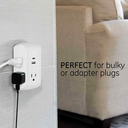 GE 5-Outlet 2-USB Wall Tap with Surge Protection and USB-C, White