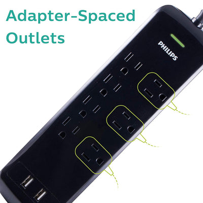 Philips 7-Outlet 2-USB 4ft. Surge Protector, Black