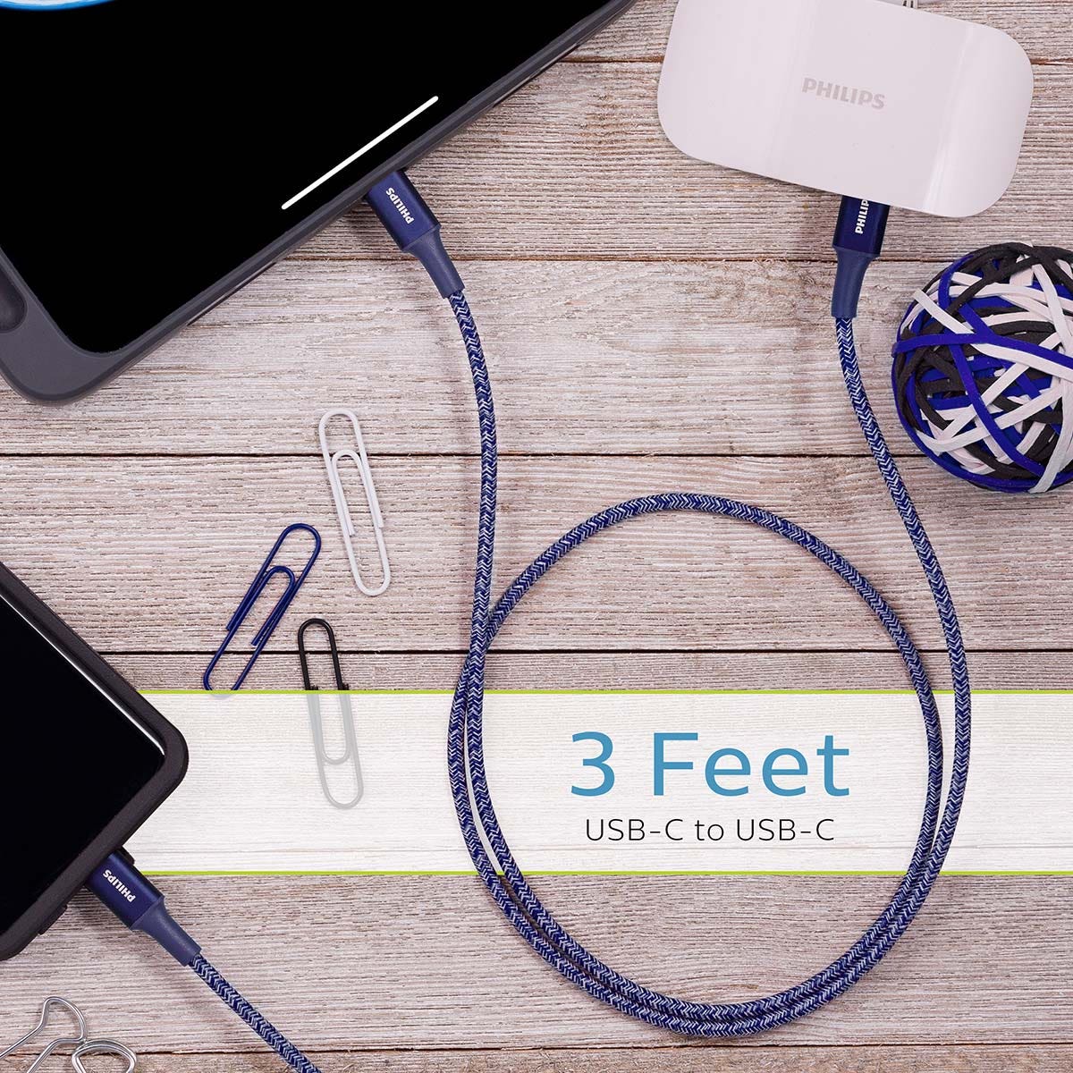 Philips 3ft. USB-C to USB-C Braided Charging Cable, Blue