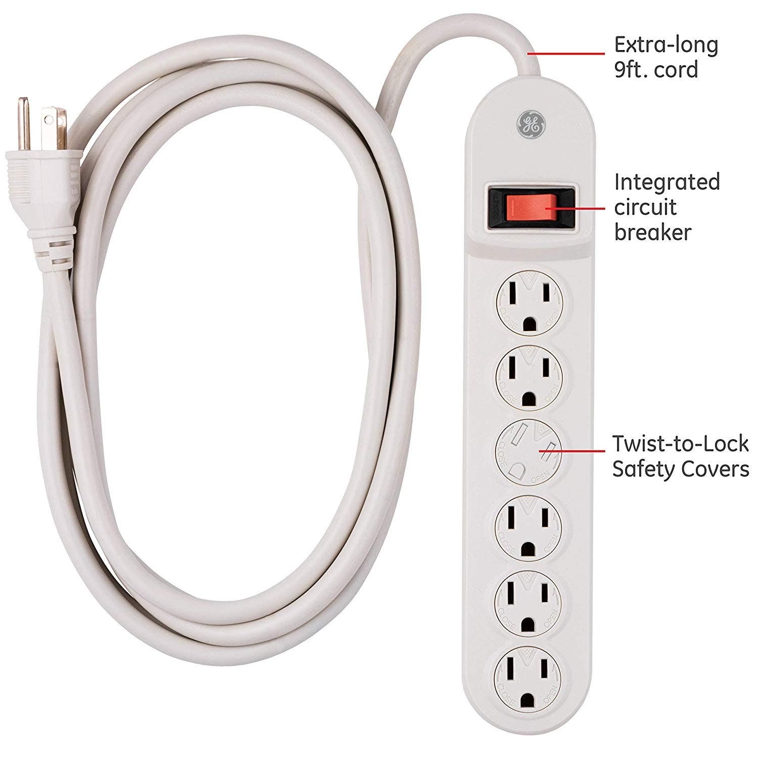 GE 6-Outlet 9ft. Power Strip with Twist-to-Close Safety Covers, White