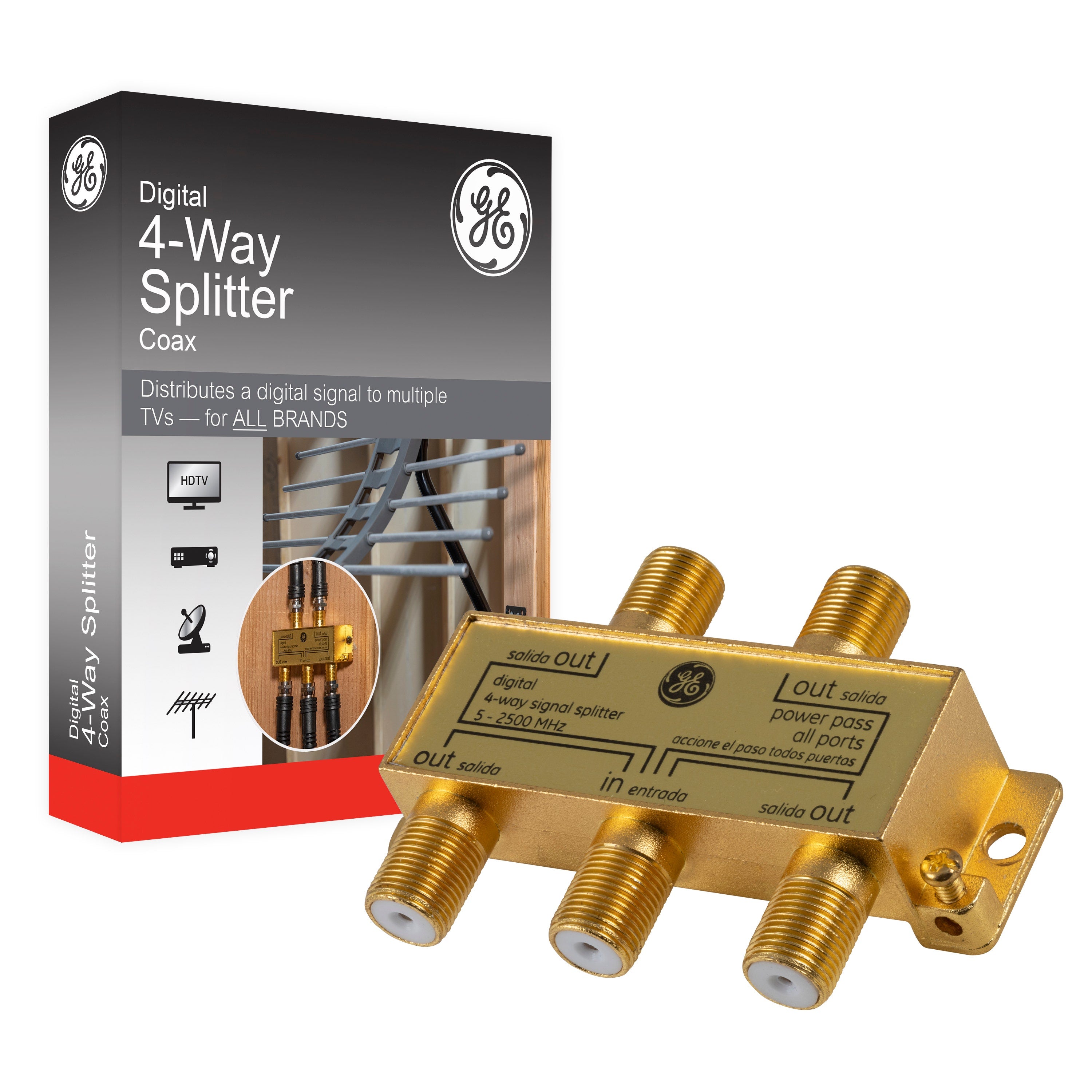 GE Pro Digital 4-Way Coaxial Splitter, Gold