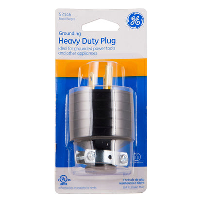 GE Heavy Duty Grounding Plug with Metal Clamp, Black