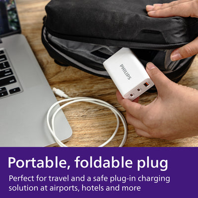 Philips AC Charger, 1 USB-A, 2 USB-C Port, GaN, 65W, White