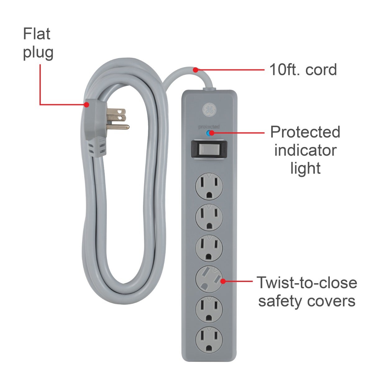GE 6-Outlet 10ft. Surge Protector with Twist-to-Close Safety Outlets, Gray