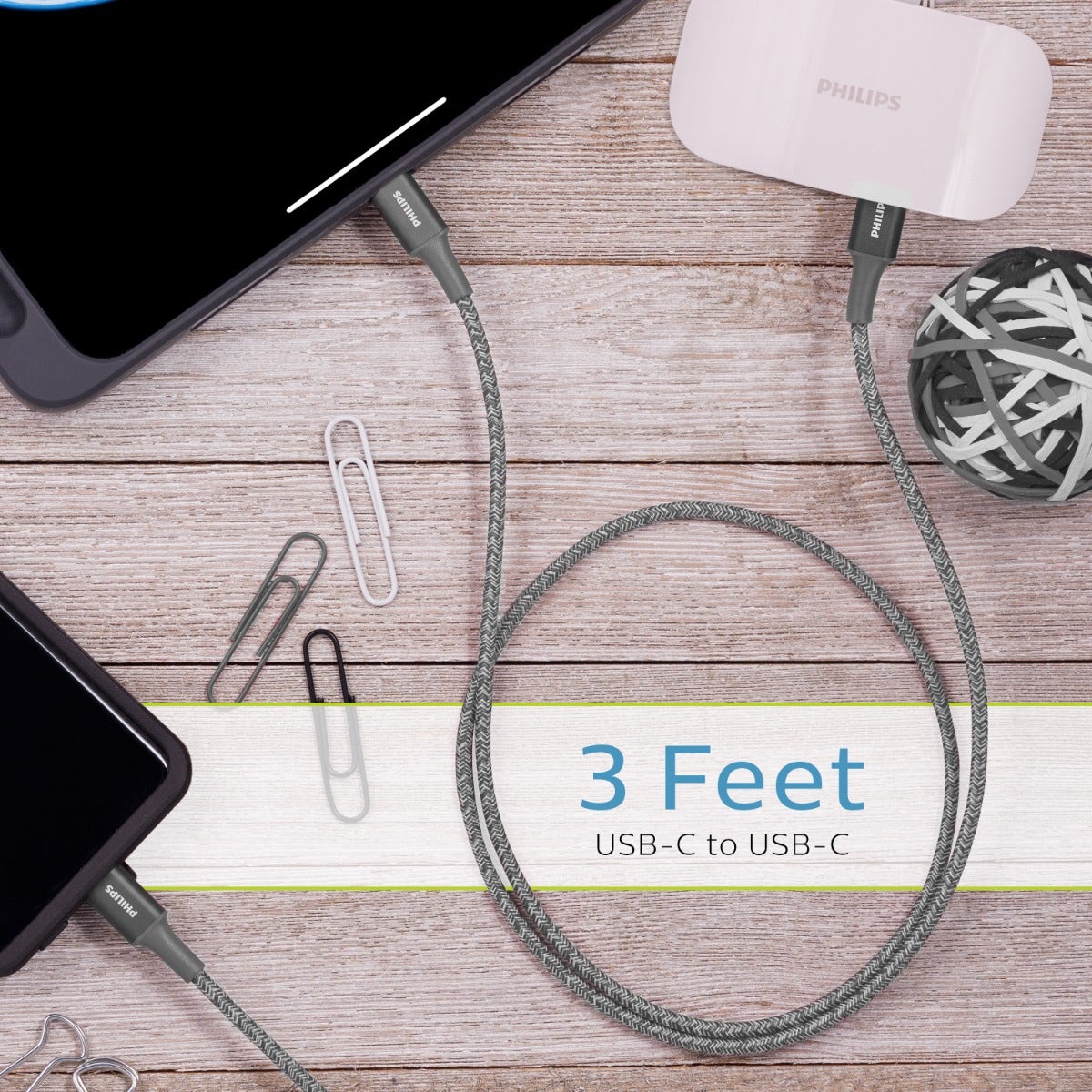 Philips 3 ft. USB-C to USB-C Braided Charging Cable, Gray, 2 Pack