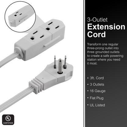 GE 3-Outlet 3ft. Extension Cord with Right-Angle Plug, Gray