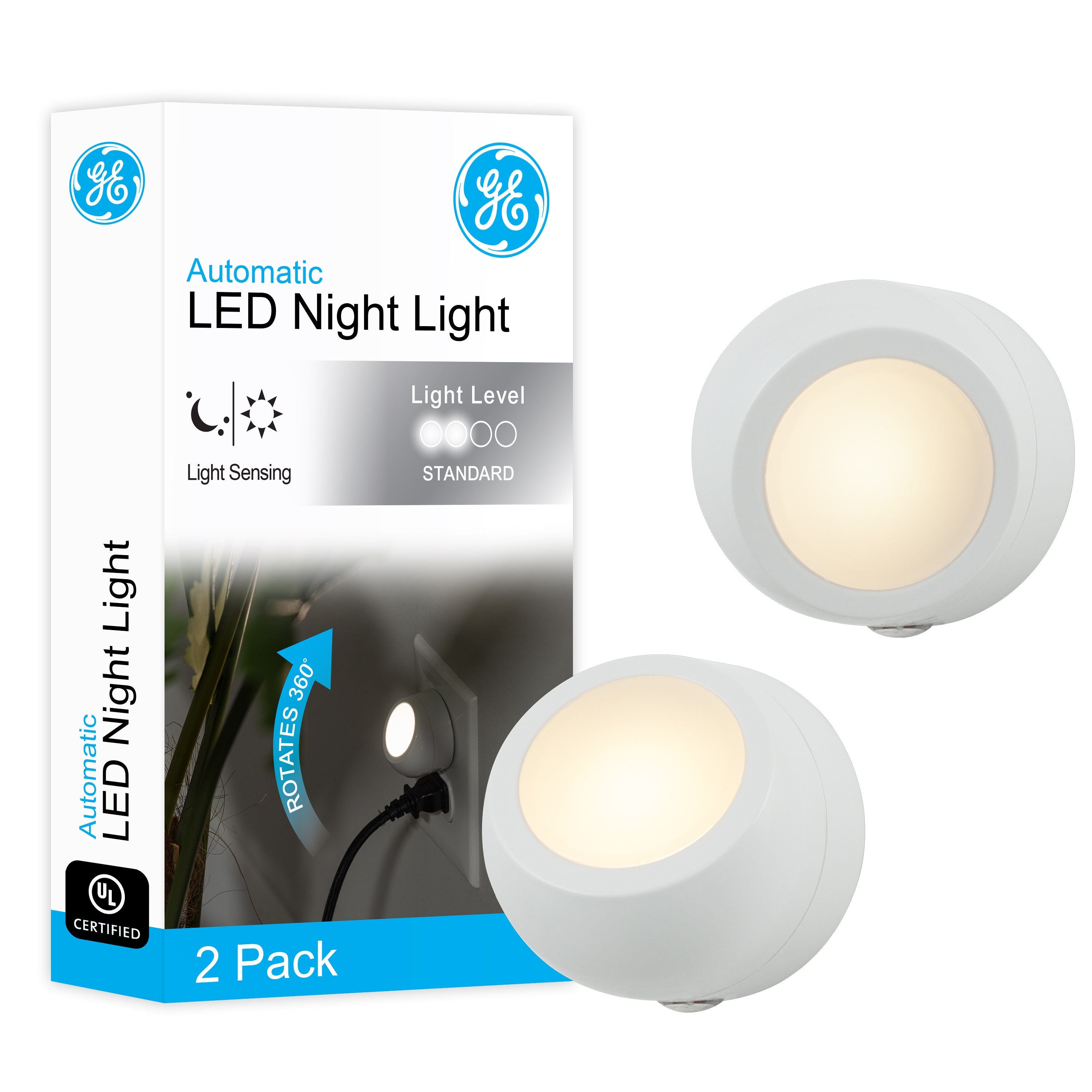 GE Light Sensing LED Night Light, 2 Pack, White