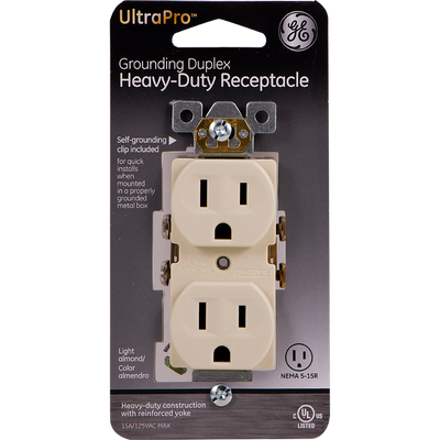 GE UltraPro Grounding Duplex Heavy-Duty Receptacle, Light Almond