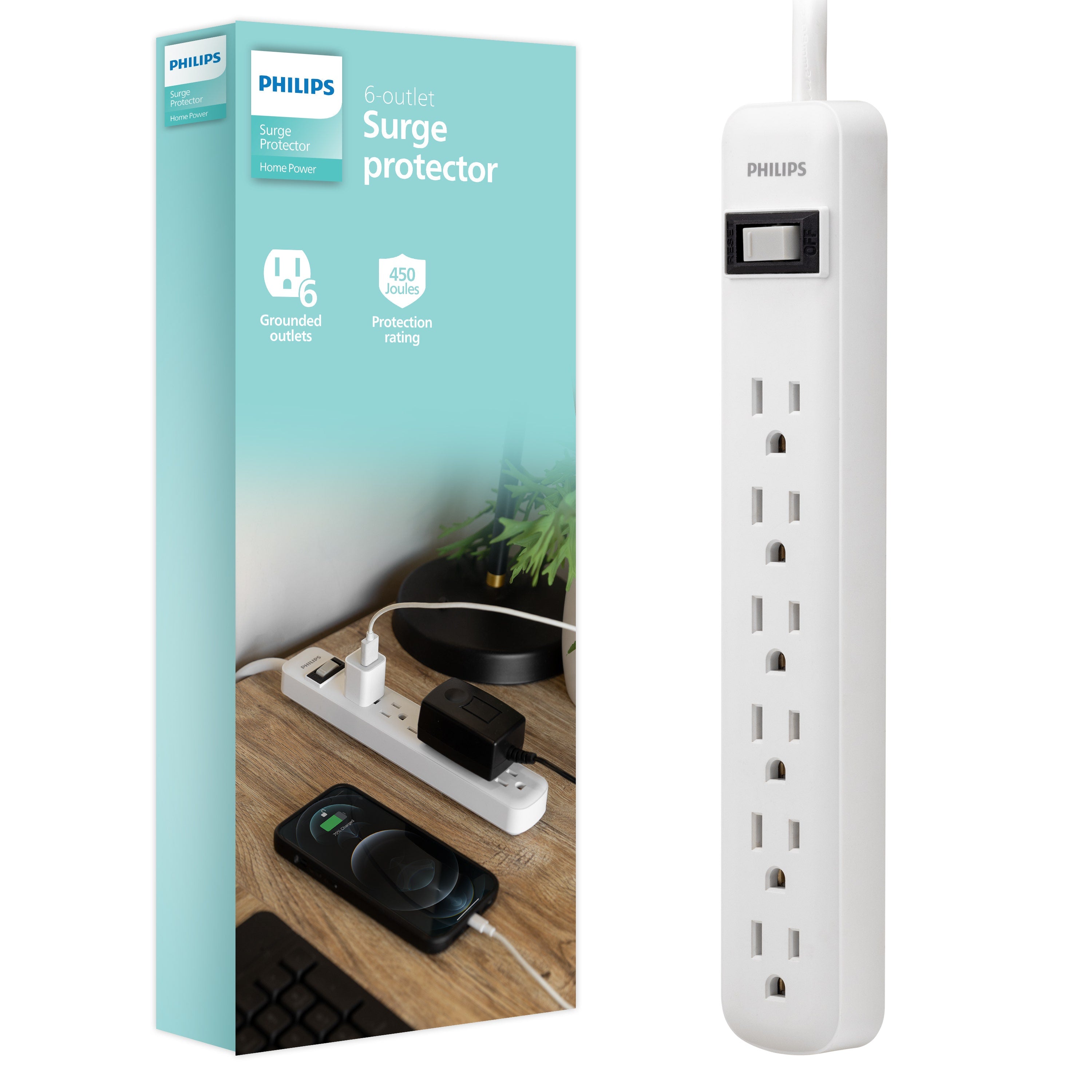 Philips 6-Outlet 2ft. Surge Protector, White