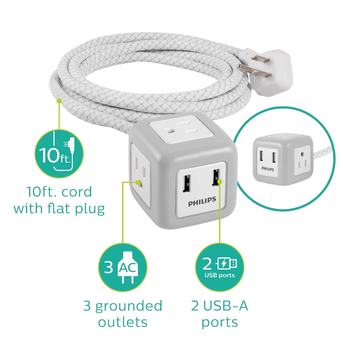 Philips 3-Outlet 2-USB 10ft. Extension Cord with Rubberized Cube, Gray/White