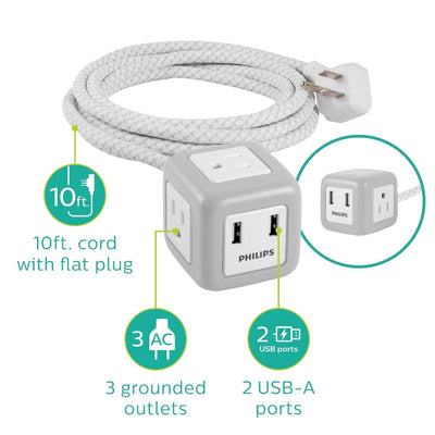 Philips 3-Outlet 2-USB 10ft. Extension Cord with Rubberized Cube, Gray/White