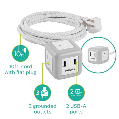 Philips 3-Outlet 2-USB 10ft. Extension Cord with Rubberized Cube, Gray/White