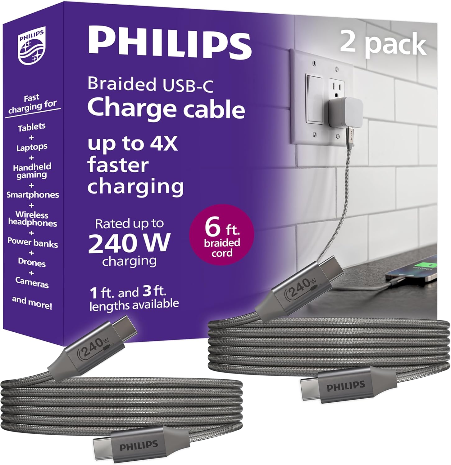Philips USB-C to USB-C Cable, 240W, Braided, 6ft, Black/Gray Heather, 2 pack
