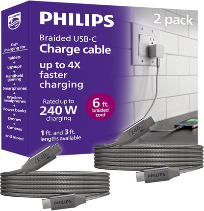 Philips USB-C to USB-C Cable, 240W, Braided, 6ft, Black/Gray Heather, 2 pack