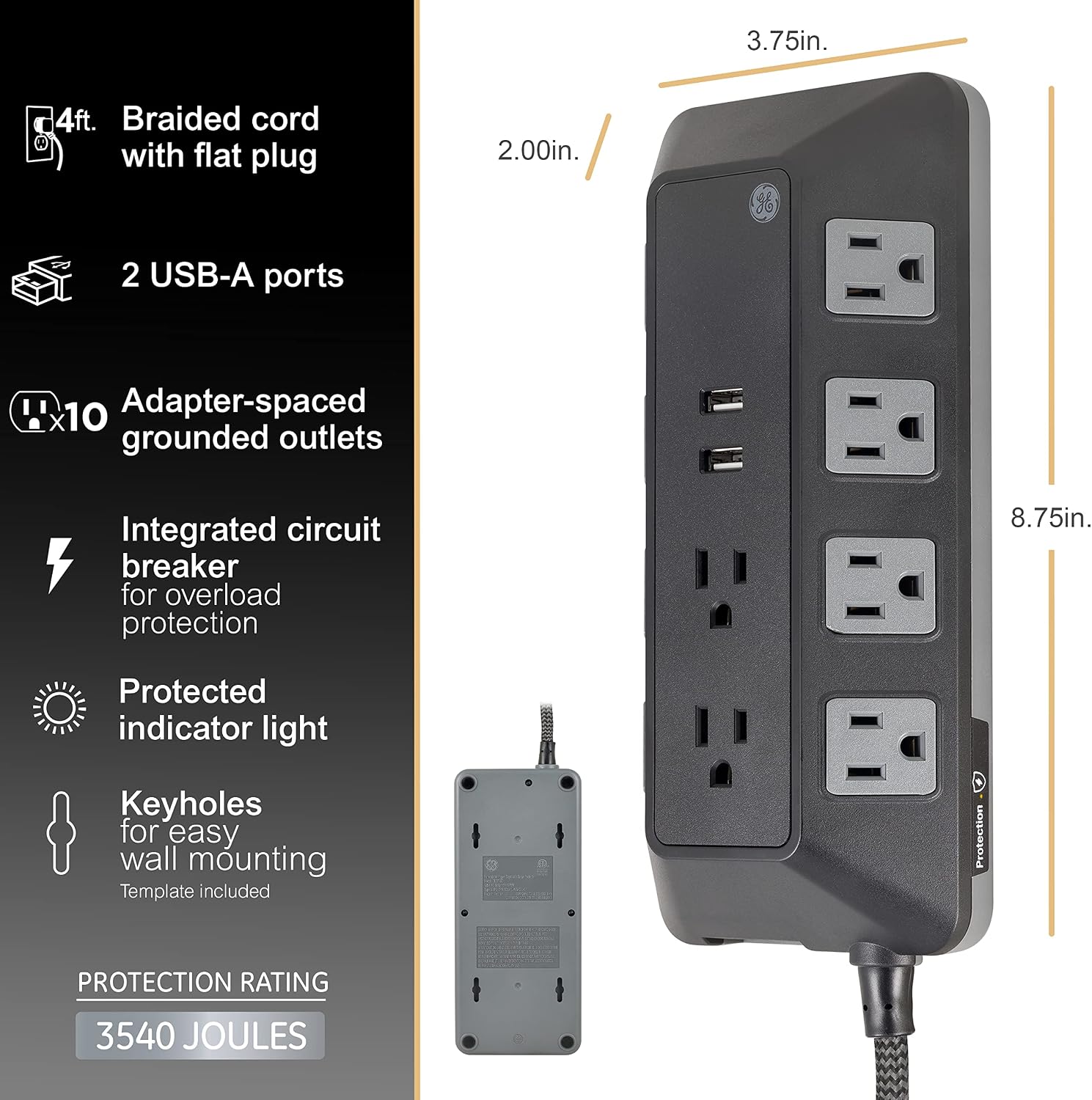 GE UltraPro 10-Outlet Surge Protector with USB, 3540J, 2 USB-A Ports, 2.4A, 12W, 4ft. Braided Cord, Black