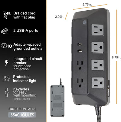 GE UltraPro 10-Outlet Surge Protector with USB, 3540J, 2 USB-A Ports, 2.4A, 12W, 4ft. Braided Cord, Black