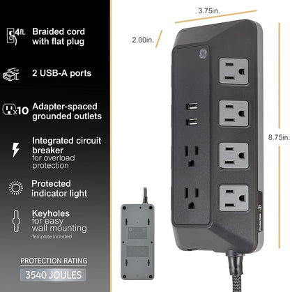 GE UltraPro 10-Outlet Surge Protector with USB, 3540J, 2 USB-A Ports, 2.4A, 12W, 4ft. Braided Cord, Black
