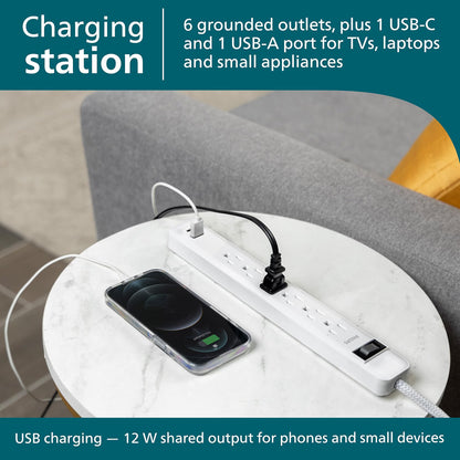 Philips Surge Protector, 6OL, 1 USB-A, 1 USB-C, 12W, 945J, 3ft., White