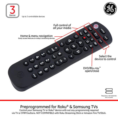 GE 3-Device Universal Remote, Black
