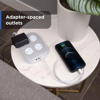 GE-branded Adapt UltraPro 8-Outlet Surge Protector, 2 USB-A, 1 USB-C, 1500 Joules, 6ft., White/Gray
