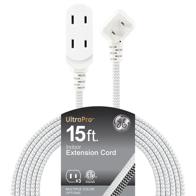 GE Indoor Flat Plug 15 Ft, 3-Outlet Braided Extension Cord, White/Gray