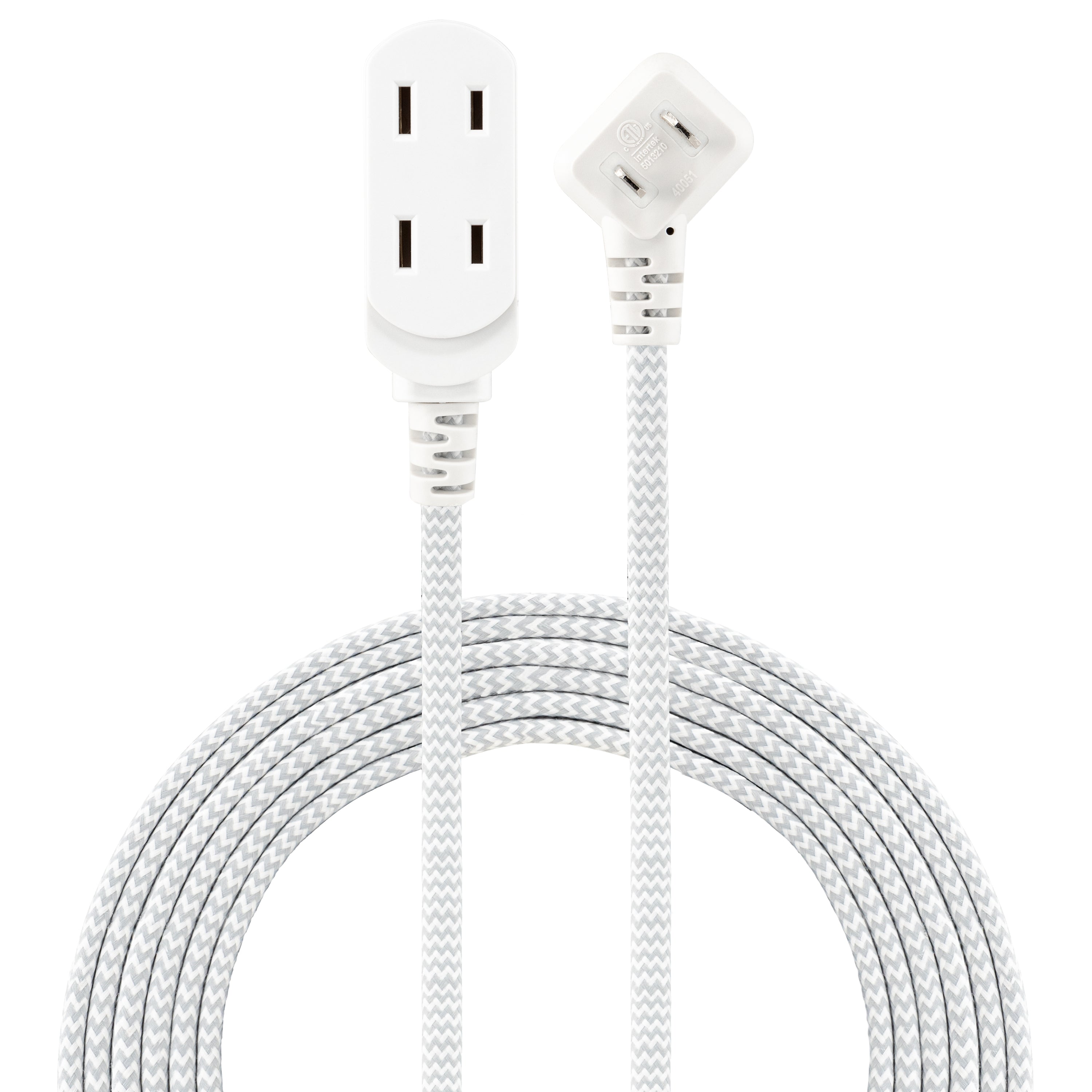 GE Indoor Flat Plug 15 Ft, 3-Outlet Braided Extension Cord, White/Gray