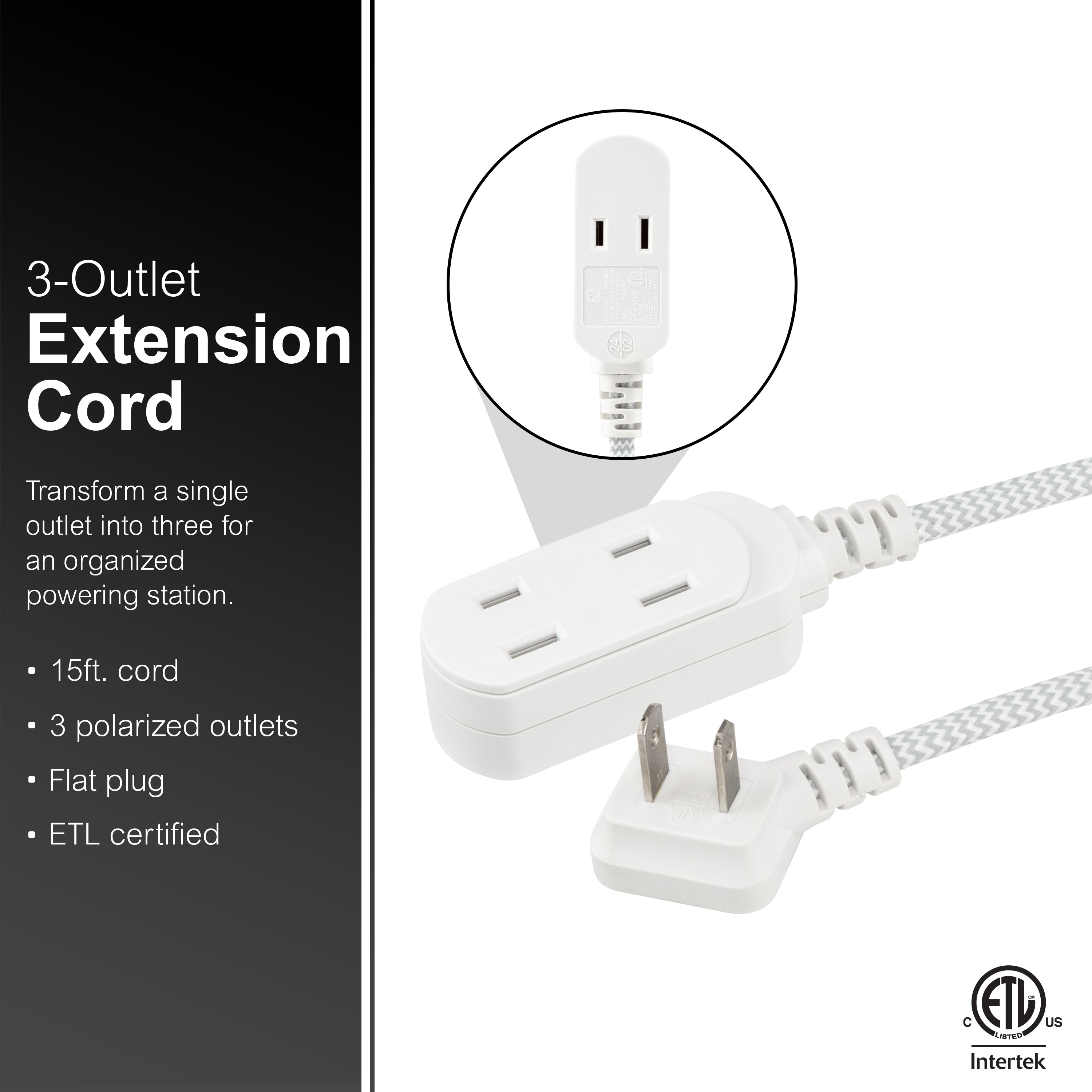GE Indoor Flat Plug 15 Ft, 3-Outlet Braided Extension Cord, White/Gray