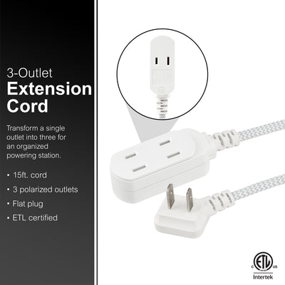 GE Indoor Flat Plug 15 Ft, 3-Outlet Braided Extension Cord, White/Gray