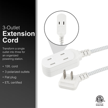 GE Indoor Flat Plug 15 Ft, 3-Outlet Braided Extension Cord, White/Gray