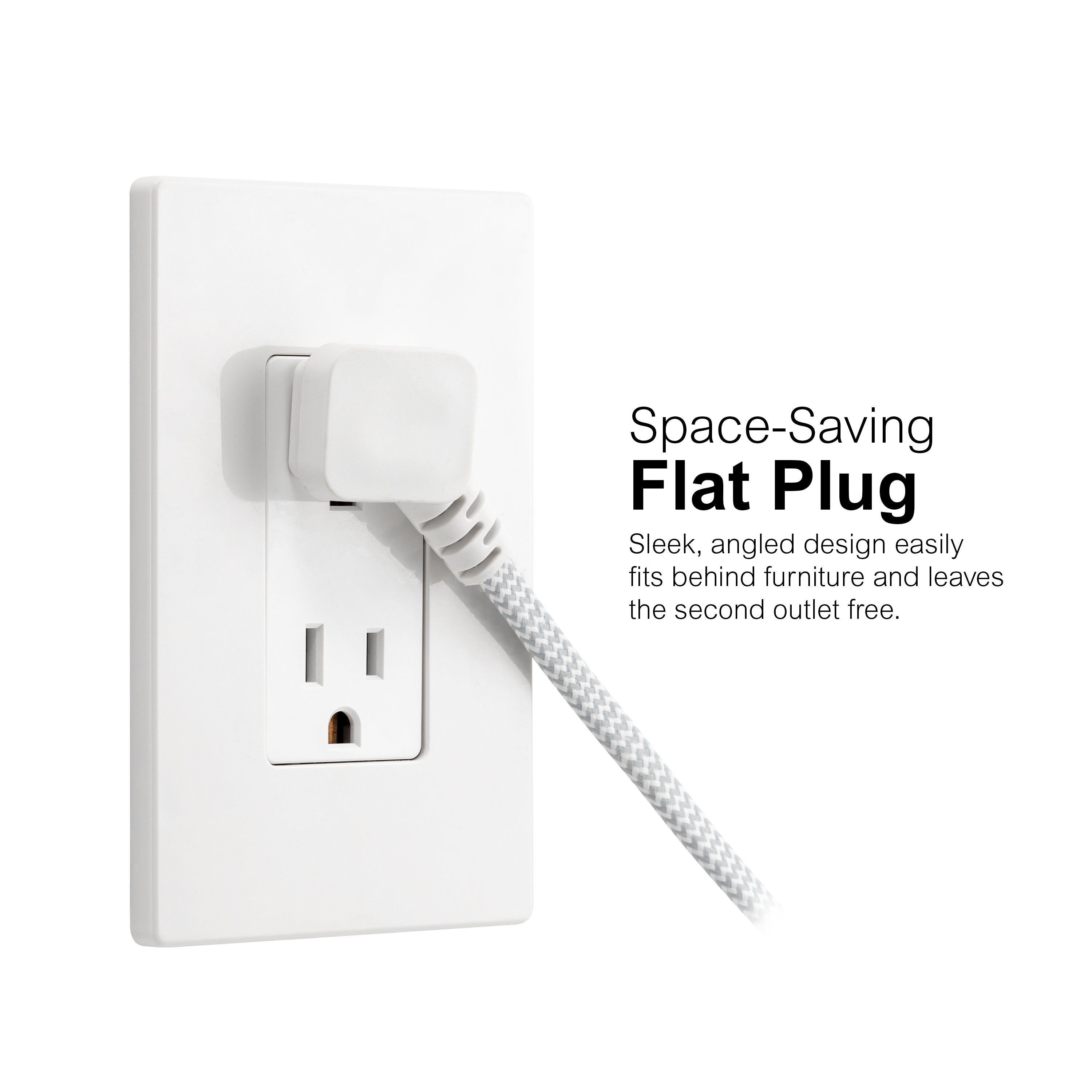 GE Indoor Flat Plug 15 Ft, 3-Outlet Braided Extension Cord, White/Gray