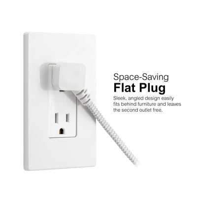 GE Indoor Flat Plug 15 Ft, 3-Outlet Braided Extension Cord, White/Gray