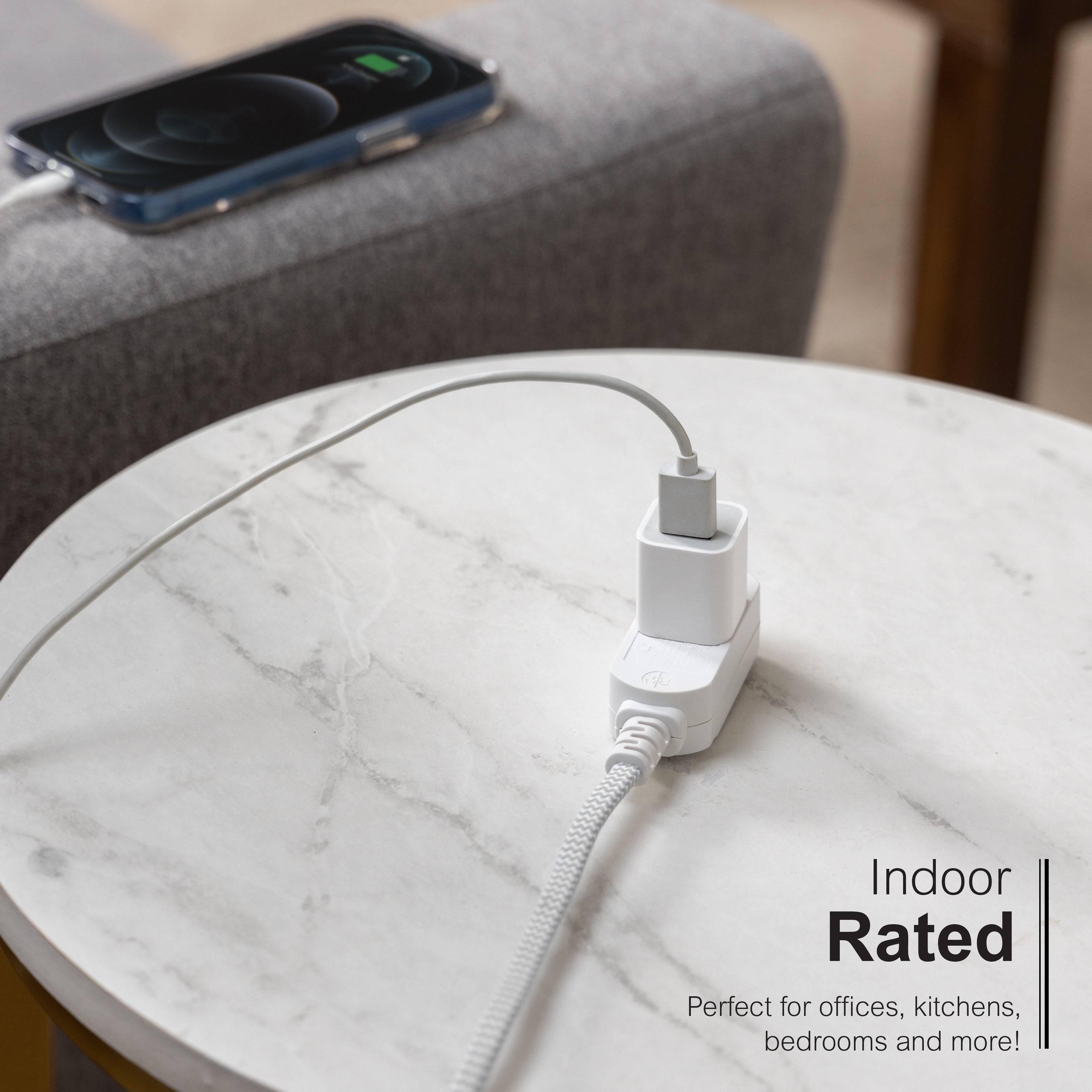 GE Indoor Flat Plug 15 Ft, 3-Outlet Braided Extension Cord, White/Gray