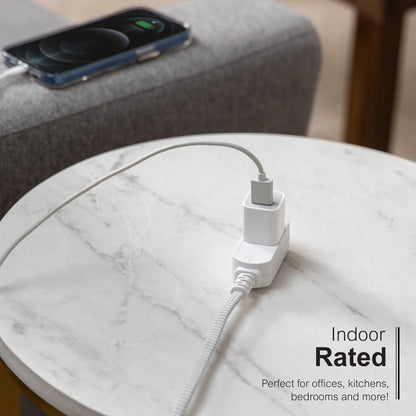 GE Indoor Flat Plug 15 Ft, 3-Outlet Braided Extension Cord, White/Gray