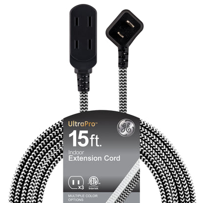 GE-branded 15ft. 3-Outlet Polarized Extension Cord, Black/White, Braided Cord
