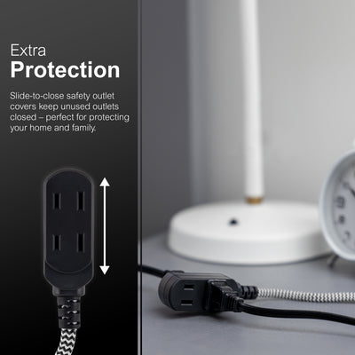 GE-branded 15ft. 3-Outlet Polarized Extension Cord, Black/White, Braided Cord