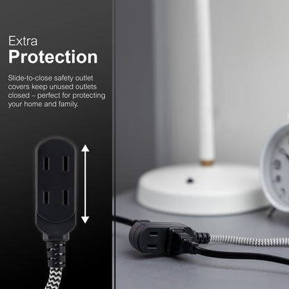GE-branded 15ft. 3-Outlet Polarized Extension Cord, Black/White, Braided Cord