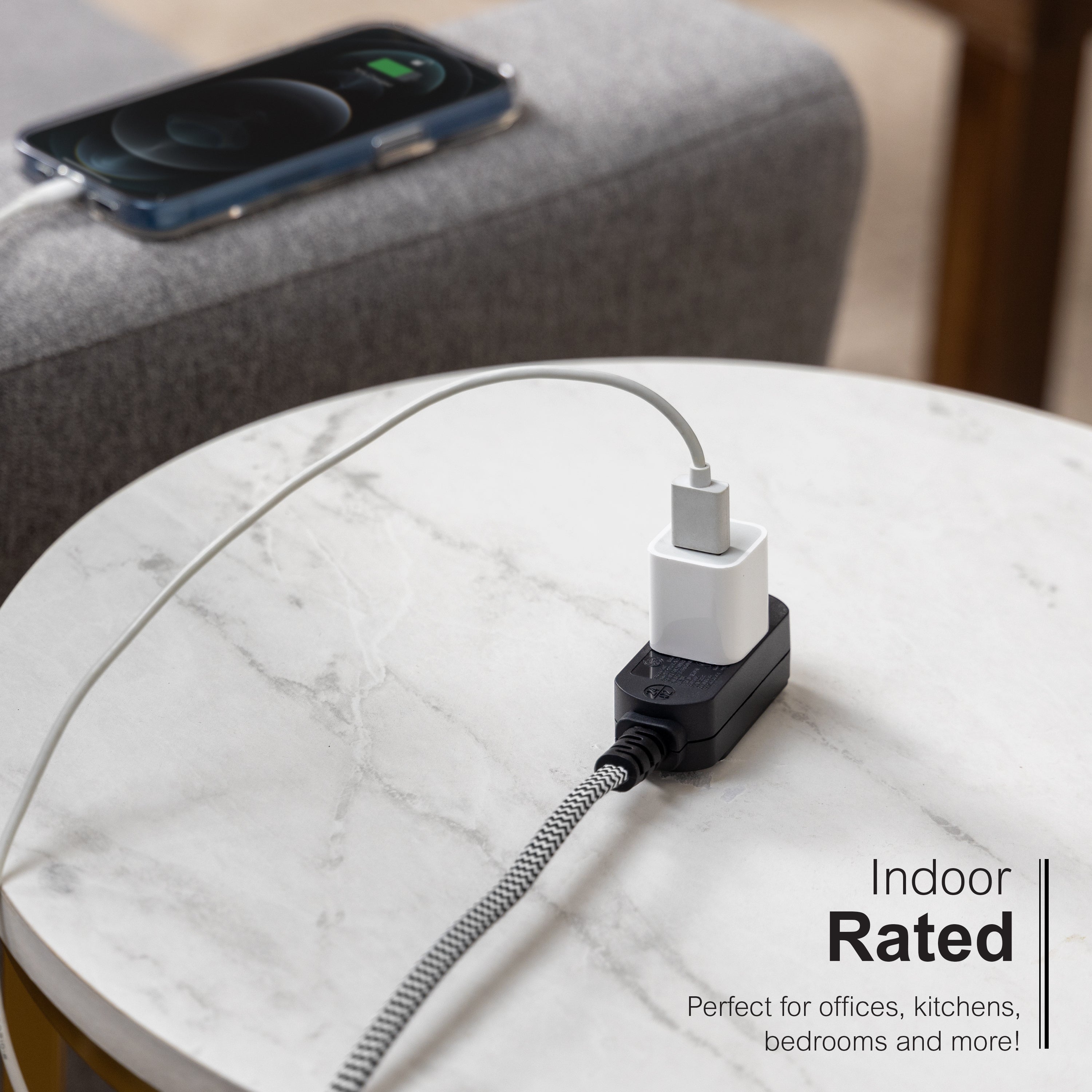 GE-branded 15ft. 3-Outlet Polarized Extension Cord, Black/White, Braided Cord