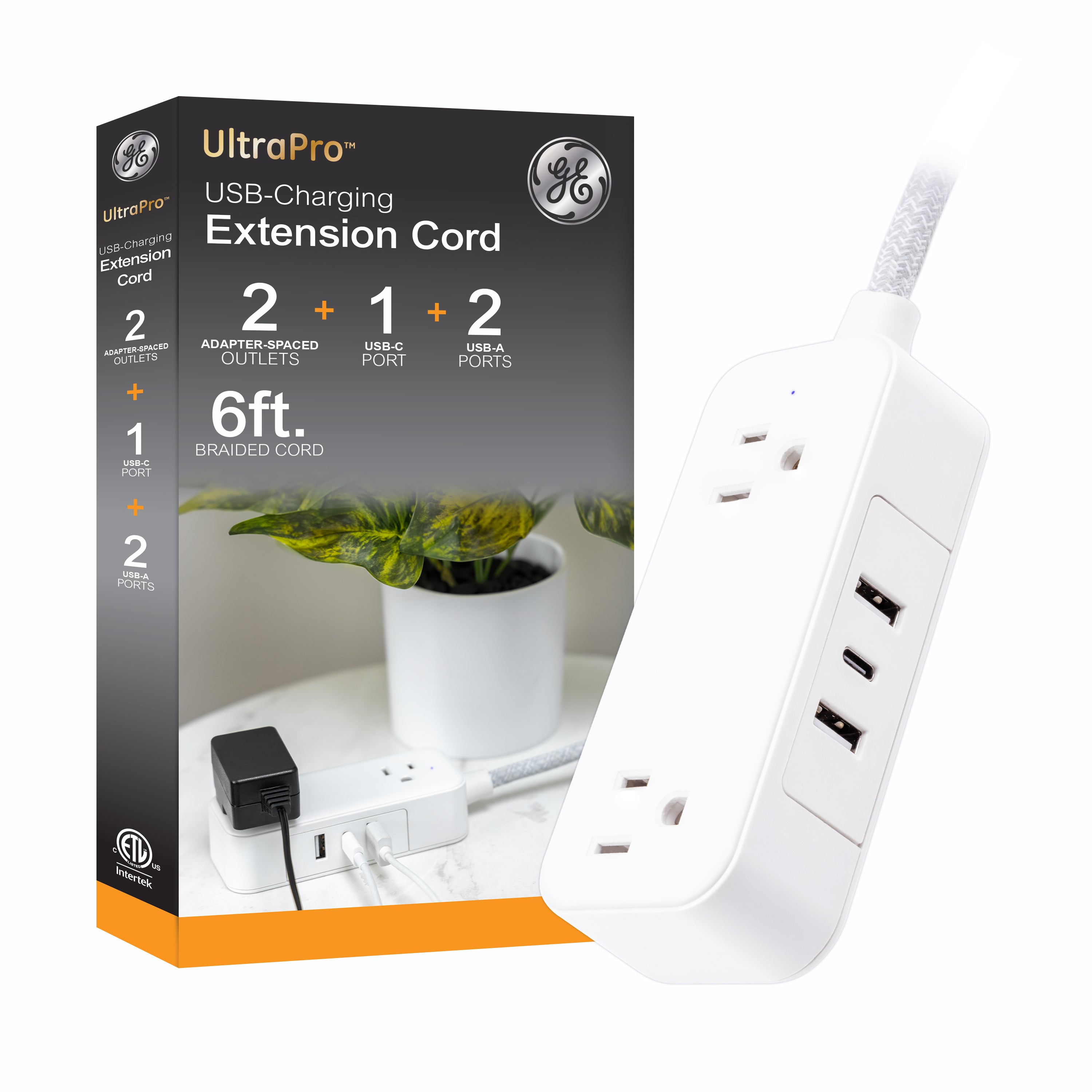 GE-branded Extension Cord with USB Charging 2 USB-A, 1 USB-C, 2 outlets, 6ft. Braided Cord, White/Gray