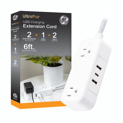 GE-branded Extension Cord with USB Charging 2 USB-A, 1 USB-C, 2 outlets, 6ft. Braided Cord, White/Gray