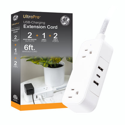GE-branded Extension Cord with USB Charging 2 USB-A, 1 USB-C, 2 outlets, 6ft. Braided Cord, White/Gray