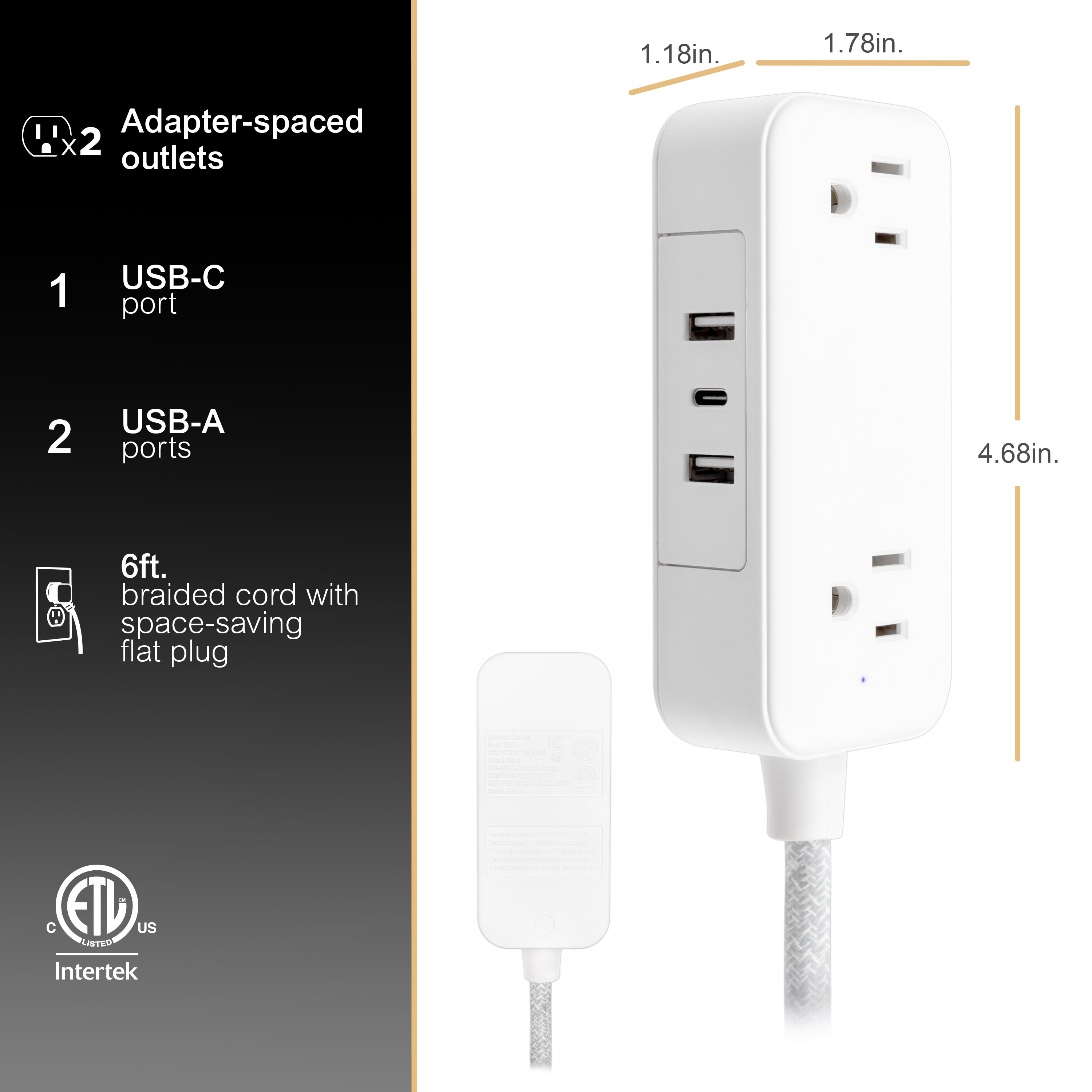 GE-branded Extension Cord with USB Charging 2 USB-A, 1 USB-C, 2 outlets, 6ft. Braided Cord, White/Gray